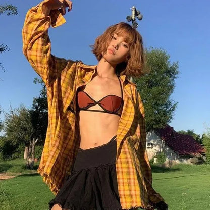Dopamine yellow plaid shirt with loose-fit design and cardigan style for casual wear