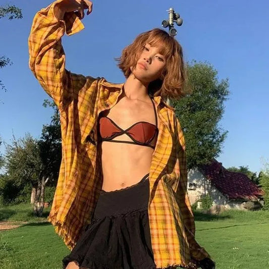 Dopamine yellow plaid shirt with loose-fit design and cardigan style for casual wear