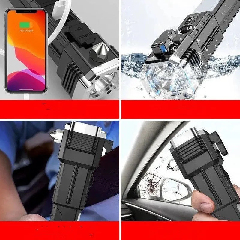 Silver portable LED flashlight with power bank functionality and IP44 water resistance rating
