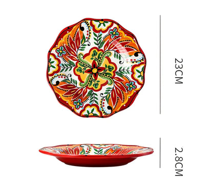 Underglaze ceramic bowl with Bohemian floral pattern in blue mandarin duck design, 8 inch diameter