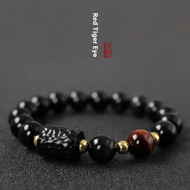 Handmade obsidian bracelet with 10mm red tiger eye beads, unisex retro design.