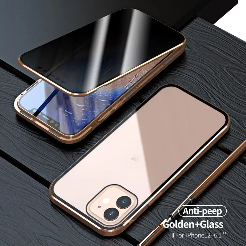 Magnetic privacy glass iPhone case showing anti-spy screen protection and metal frame with colour options