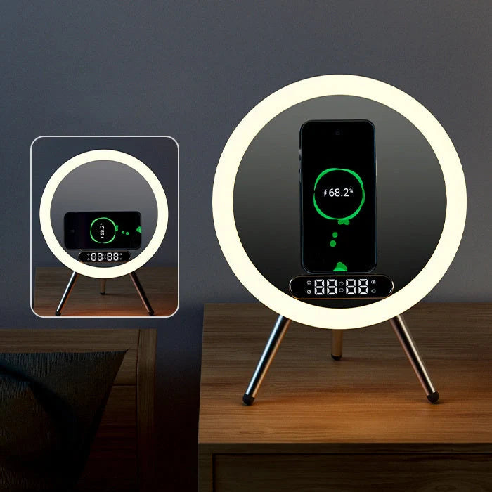 Multi-function LED mirror alarm clock with wireless charging and Bluetooth speaker in blue and white