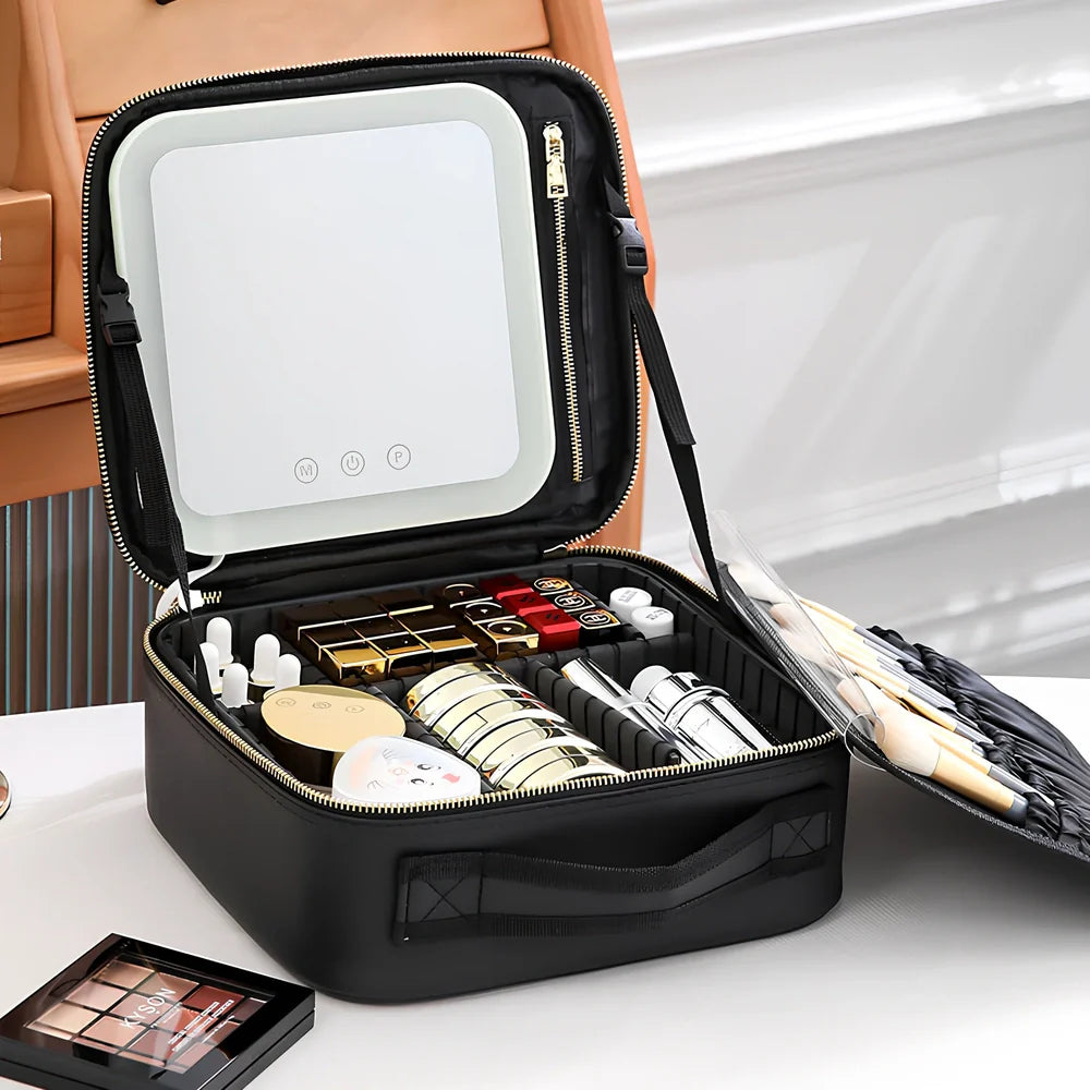 Portable black PU makeup storage bag with integrated LED mirror and USB cable connection