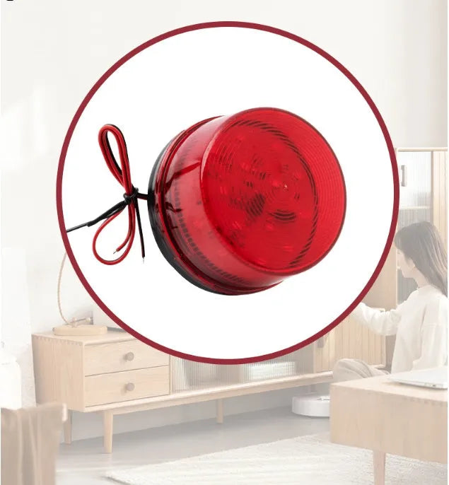 Small Flash 24v warning light showing 73mm diameter, 45mm height with red housing and mounting base