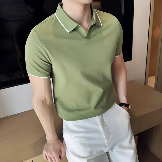 Men's short sleeve lapel polo shirt in a cotton blend fabric shown in solid colour options.