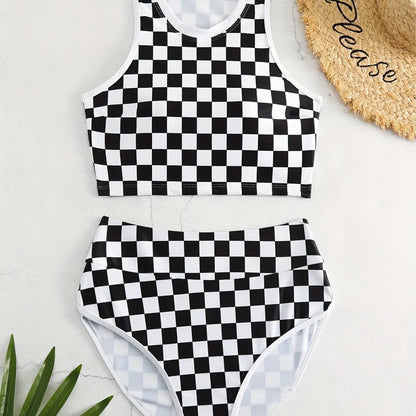 Women's black and white checkerboard print backless racing swimsuit with suspender straps