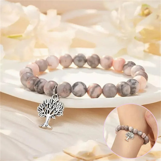 Handcrafted natural stone Tree of Life bracelet with pink zebra design