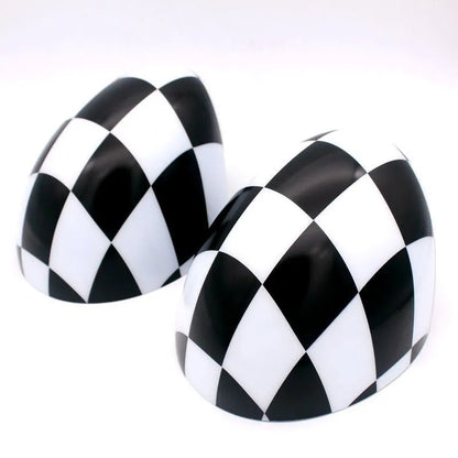 Pair of ABS rearview mirror shells for BMW MINI in black and white plaid and grey beige flag patterns
