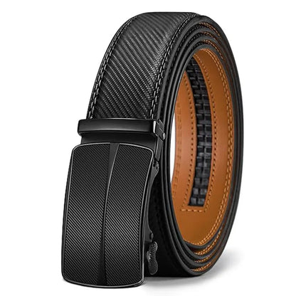 Men's brown PU leather belt with an automatic alloy buckle on a textured background.