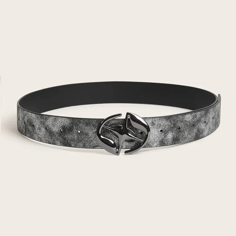 Women's retro PU leather belt with oval alloy buckle in thick over 4cm width, shown in grey white colour.