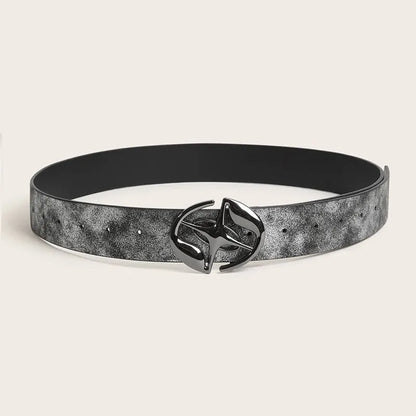 Women's retro PU leather belt with oval alloy buckle in thick over 4cm width, shown in grey white colour.