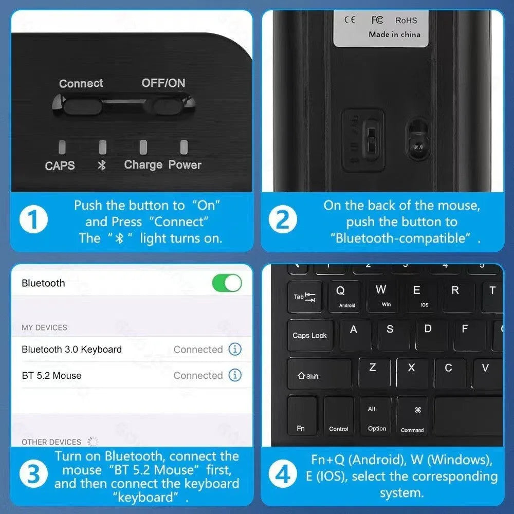 iPad in a black TPU leather case with a built-in luminous RGB backlit Bluetooth keyboard and a stand open.