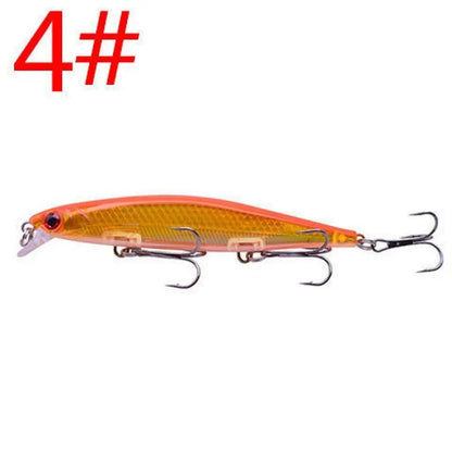 11cm submerged minnow fishing lure with slow-sink tossing action, shown in one of eight available colours.