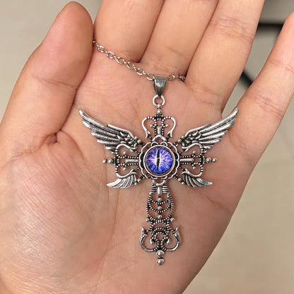 Geometric devil wings cross pendant necklace in alloy with blue, green, purple, red, and yellow colour options