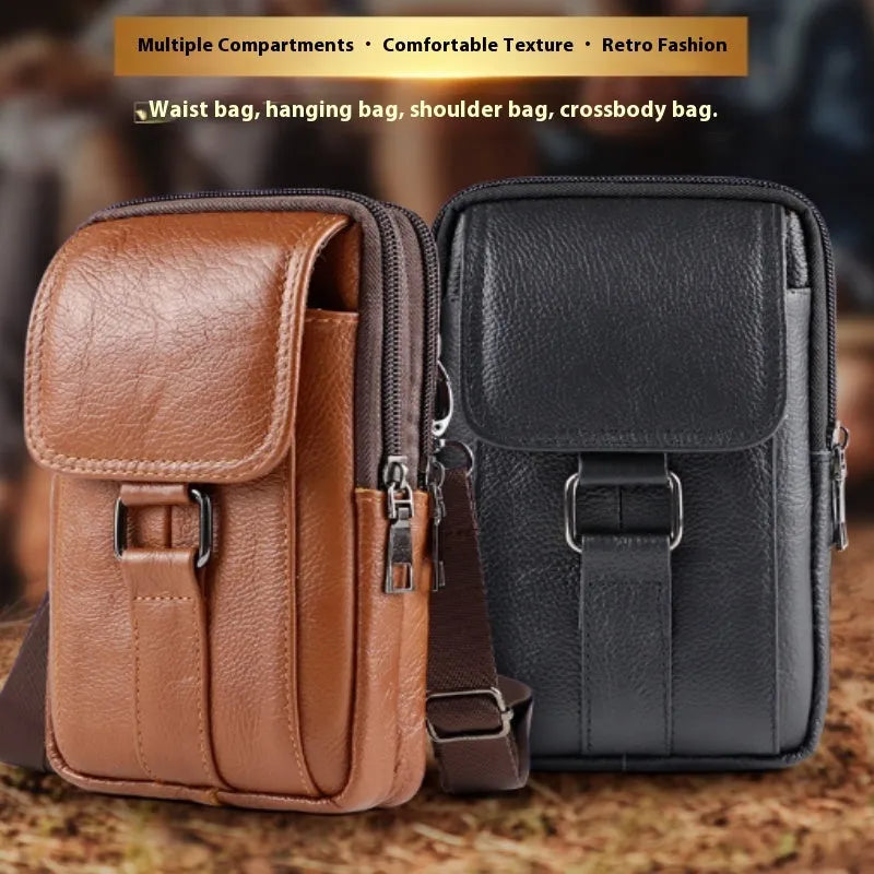 Men's black genuine leather waist bag with lock, coin pocket, and crossbody strap for daily urban use