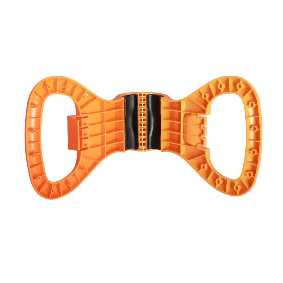 Adjustable plastic kettlebell grip showing double hole and single hole configurations for strength training