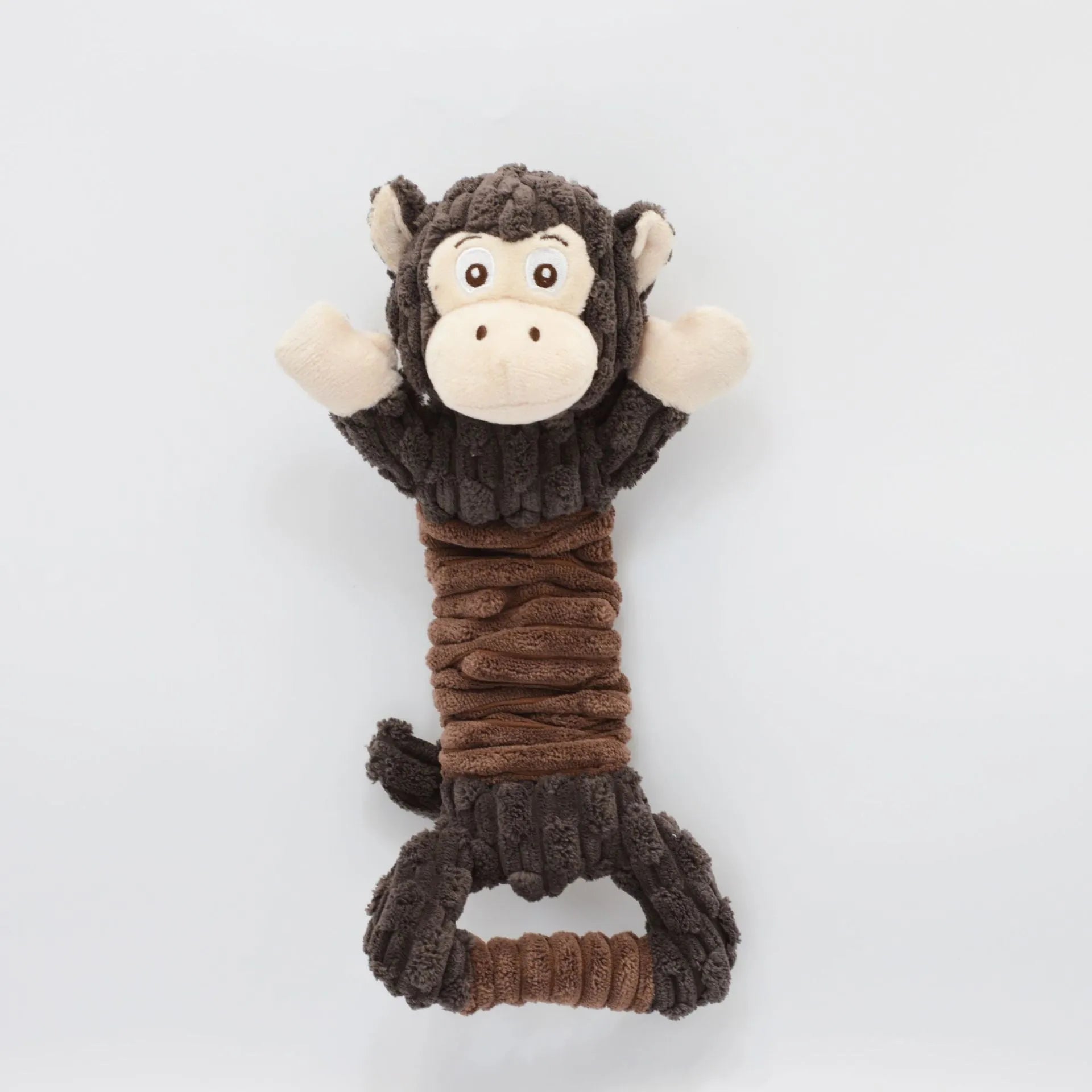 Large plush squeaky dog toy with telescopic body, crinkle paper, and handle for tug-of-war play