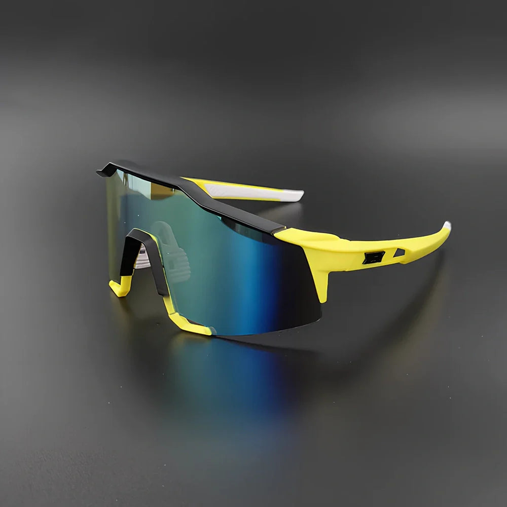 Cycling glasses with interchangeable lenses showing UV400 protection and lightweight frame design