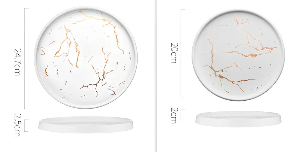 24.7cm Nordic style porcelain plate in white marble pattern, underglaze finish for durable household use
