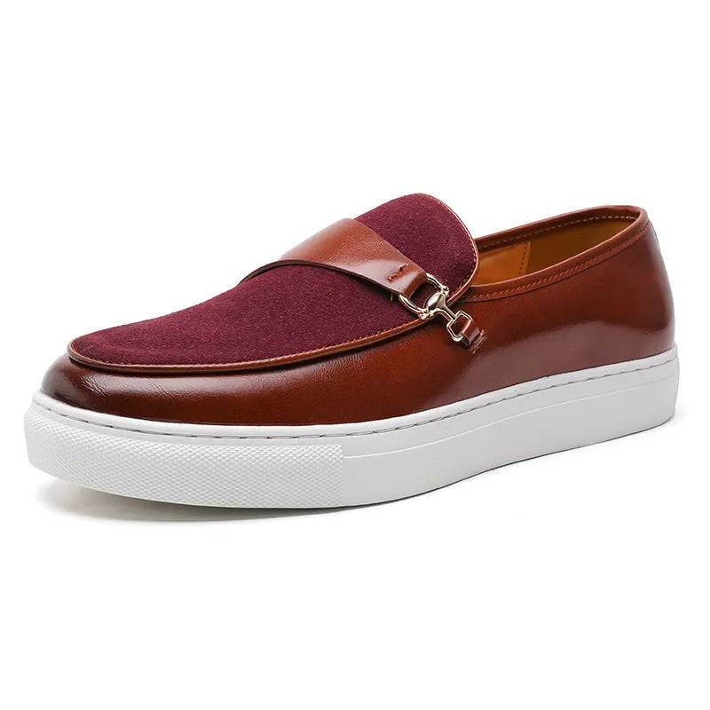 Men's black slip-on loafers with horsebit buckle and round toe, artificial leather upper