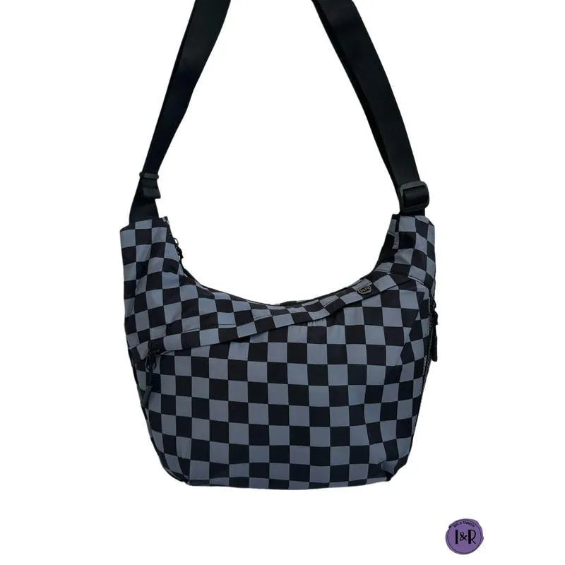PU crossbody bag for men with adjustable shoulder strap, shown in black and checkered colour options