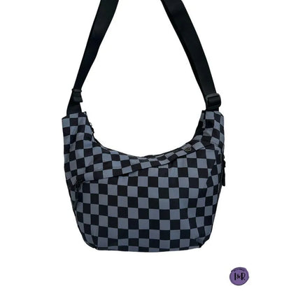 PU crossbody bag for men with adjustable shoulder strap, shown in black and checkered colour options