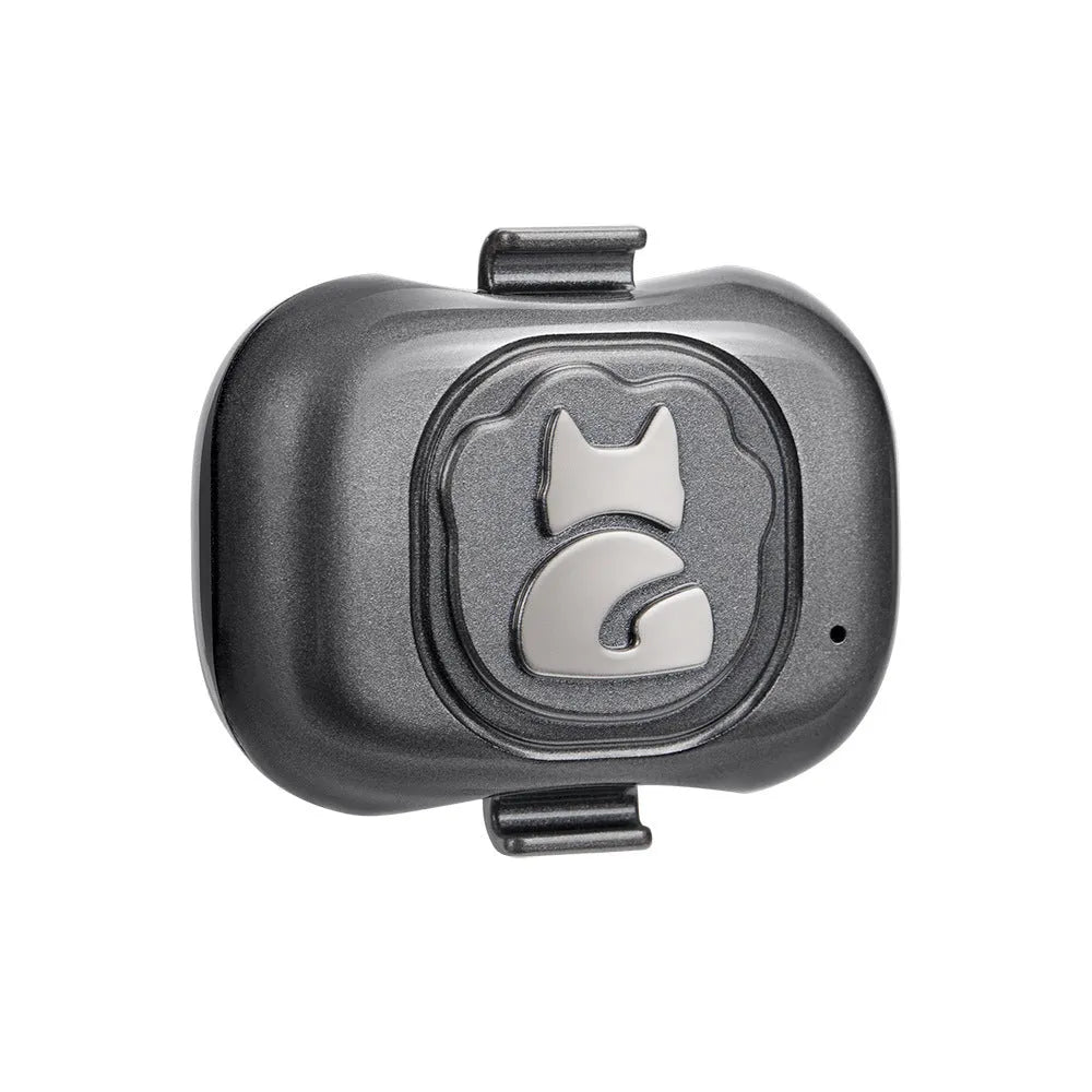Black GF-07 pet GPS locator device with hanging rope on a collar.