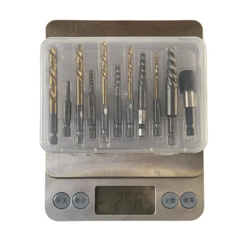12-piece silver screw extractor set with hexagonal handles for removing damaged screws