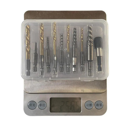 12-piece silver screw extractor set with hexagonal handles for removing damaged screws