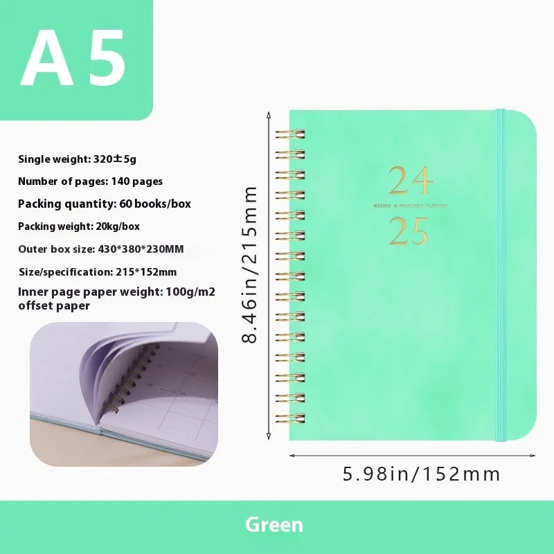 A5 size PU leather notebook with metal coil binding in a choice of colours including black, blue, and brown.