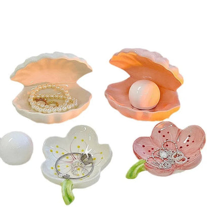 White porcelain small night lamp storage box tray with yellow light, pink shell option, 15cm x 10cm x 5cm