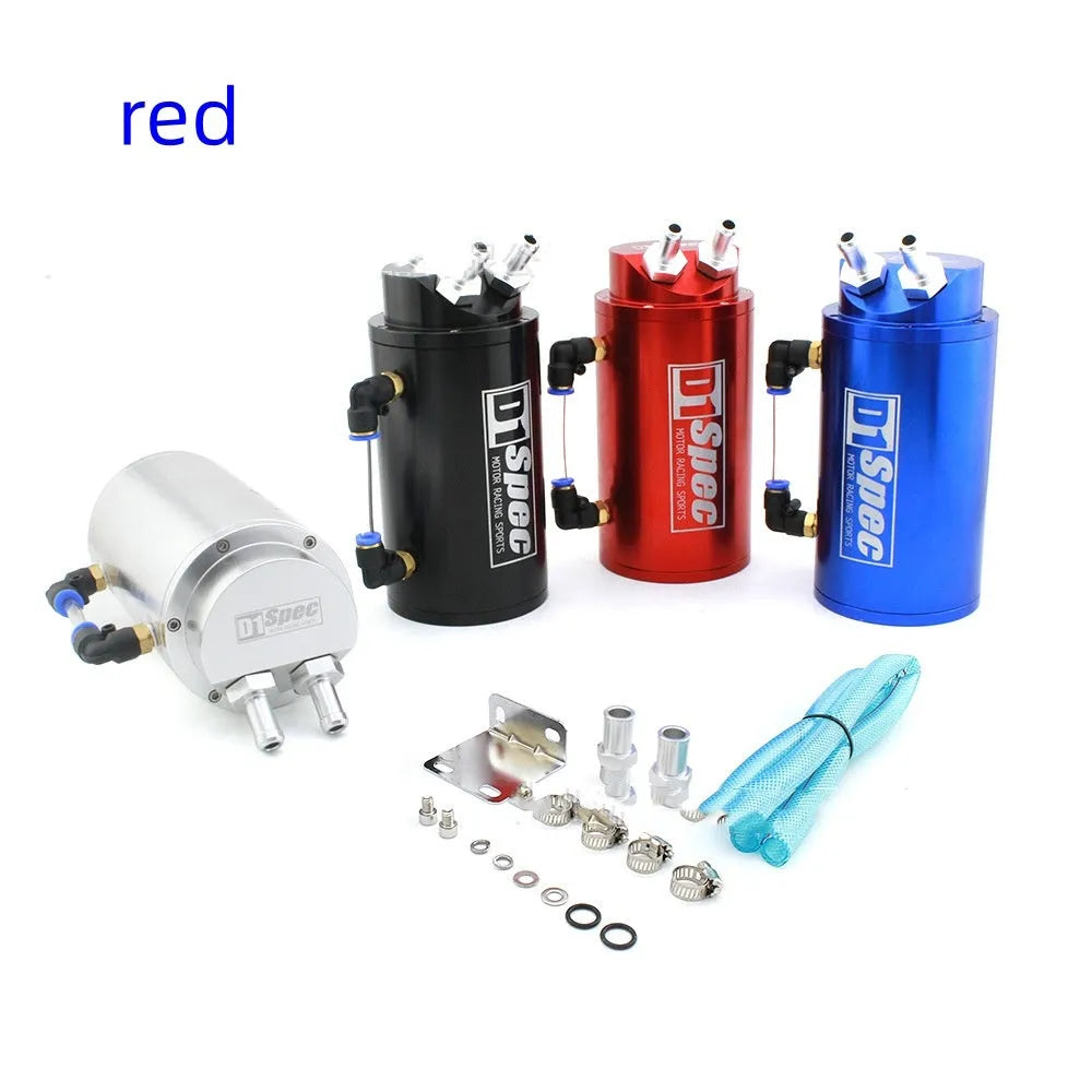 Car engine oil catch tank in metallic finish showing round and square model options