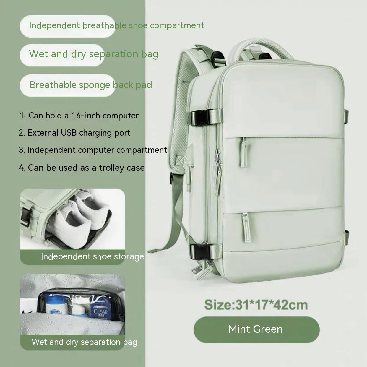 Large capacity waterproof mummy backpack in mint green colour with nylon material and 30-litre storage