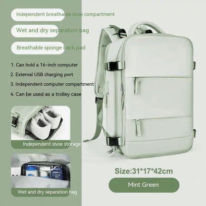 Large capacity waterproof mummy backpack in mint green colour with nylon material and 30-litre storage