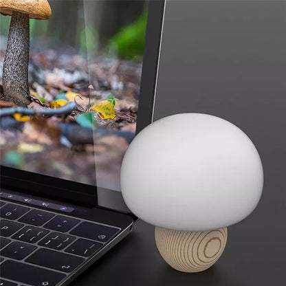 Adjustable brightness silicone LED mushroom night light with wooden base