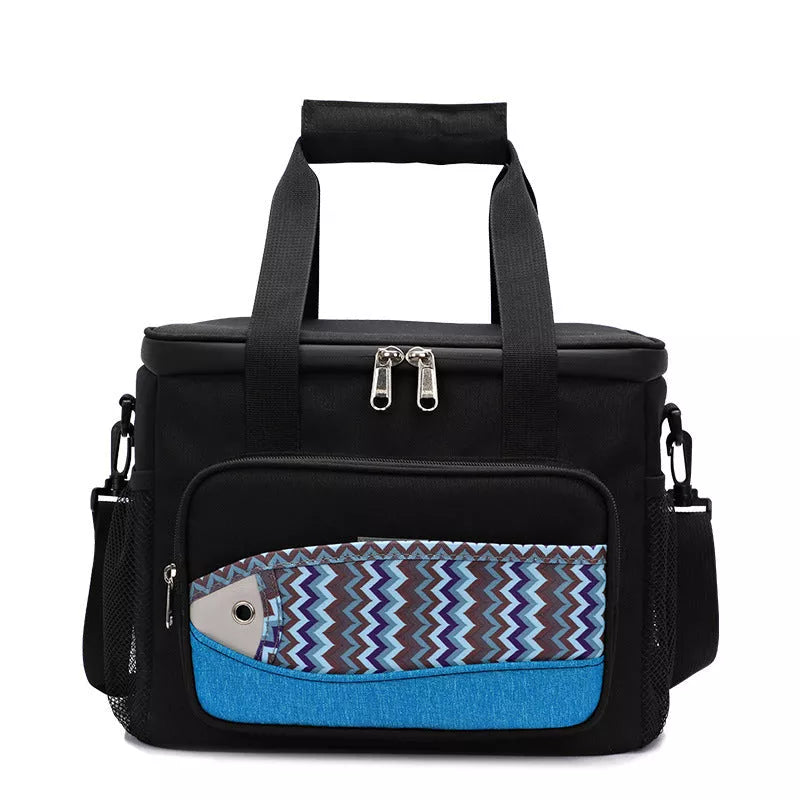 Fish pattern insulated cooler bag in various colors, perfect for outdoor picnics and lunches