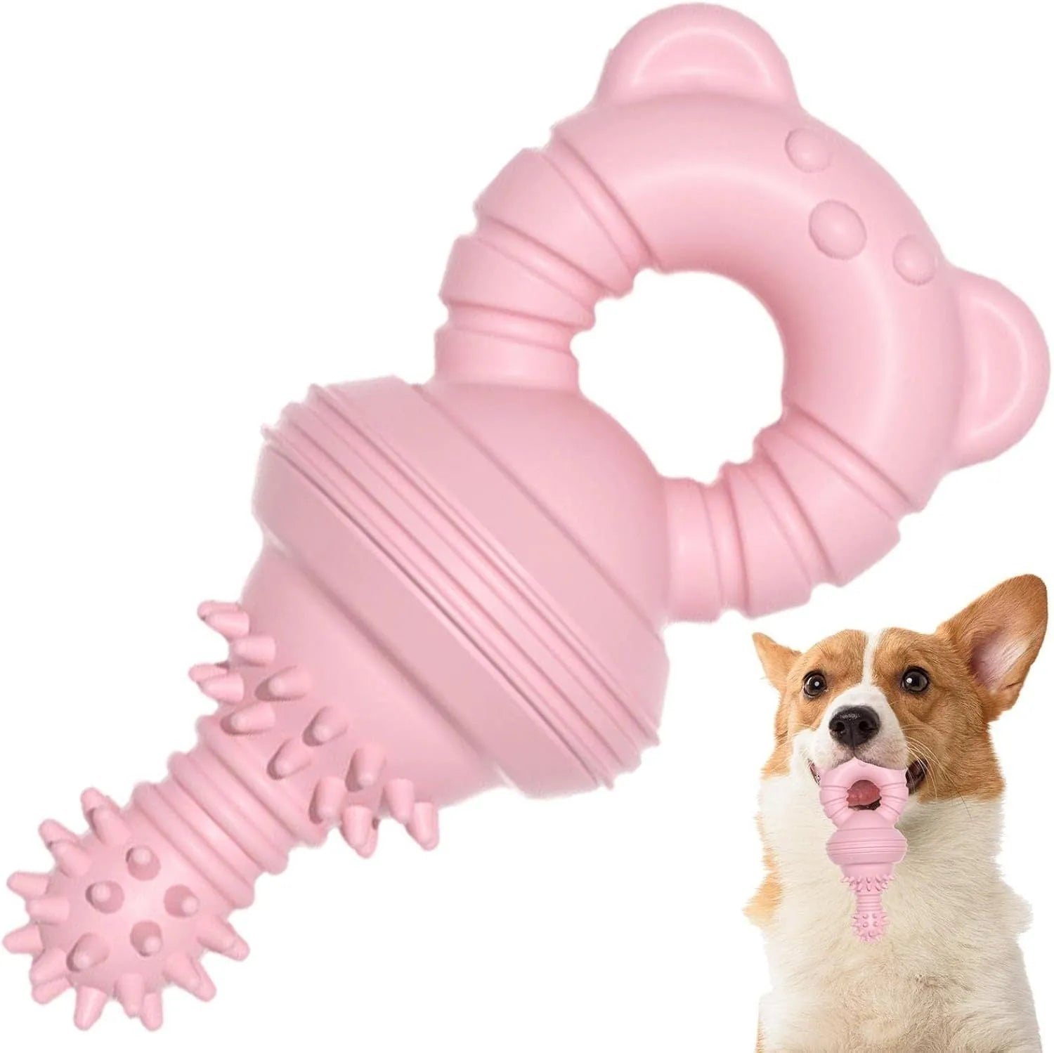 Blue molar clean teeth rubber dog chew toy with concave-convex design and bell, 13.5cm size