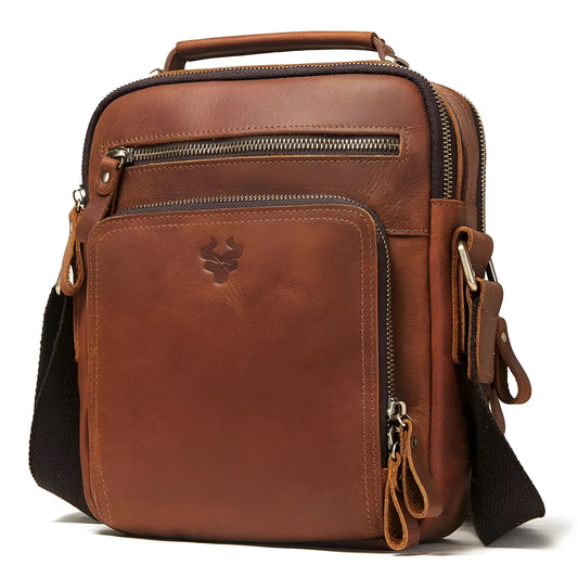 Men's brown crazy horse leather single-shoulder crossbody bag with visible stitching.