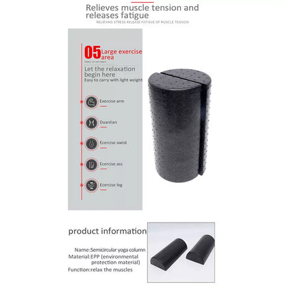 Semi-circular yoga foam roller in black, 30cm length, for muscle massage and stretching