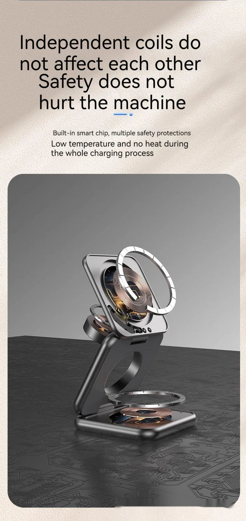 White foldable magnetic wireless charging phone holder shown open and closed