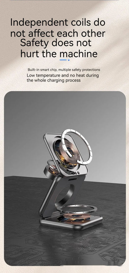 White foldable magnetic wireless charging phone holder shown open and closed