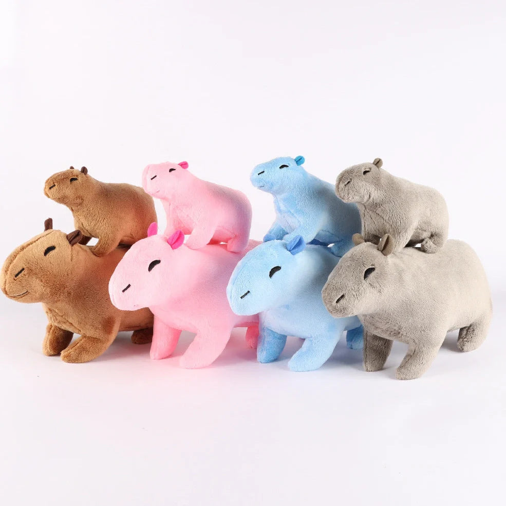 Capybara plush toy with super soft short plush fabric in blue, grey, pink, and brown colour options