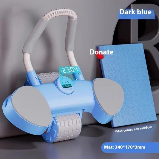 Abdominal wheel with elbow support in blue, showing automatic rebound mechanism and four-wheel design for fitness training