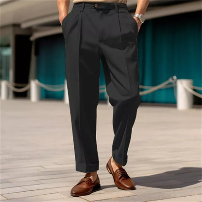 Men's straight fit casual trousers in white, black, and khaki with mid-waist button