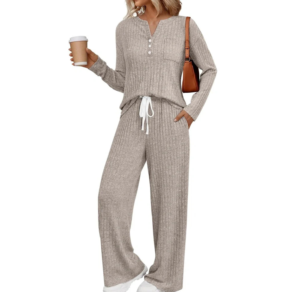 V-neck striped knit long coat with lace-up details and multiple pockets in light grey colour