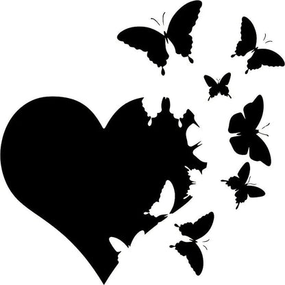 A white butterfly-shaped car body decoration sticker on a 15cm by 15cm square backing sheet.