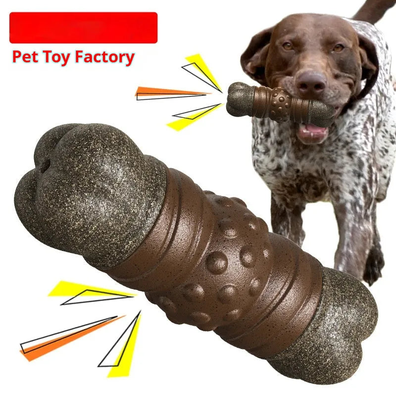 Wood-coloured plastic dog dental chew toy with textured surface for plaque control