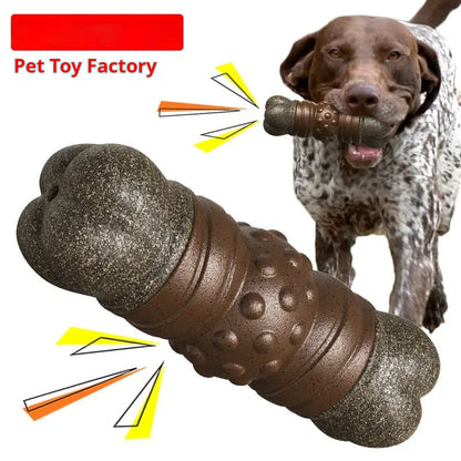 Wood-coloured plastic dog dental chew toy with textured surface for plaque control