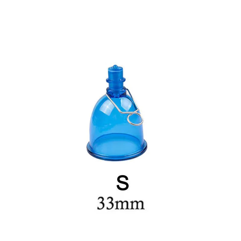 Blue silicone male masturbator shown in small, medium, and large size options.